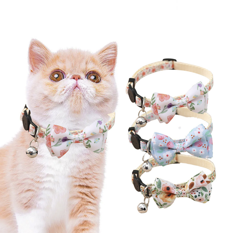 Pet Accessories Custom Designer Printed Flower Breakaway Cat Adjustable Collar Nylon Dog Collar with Bowtie for Catand Bell