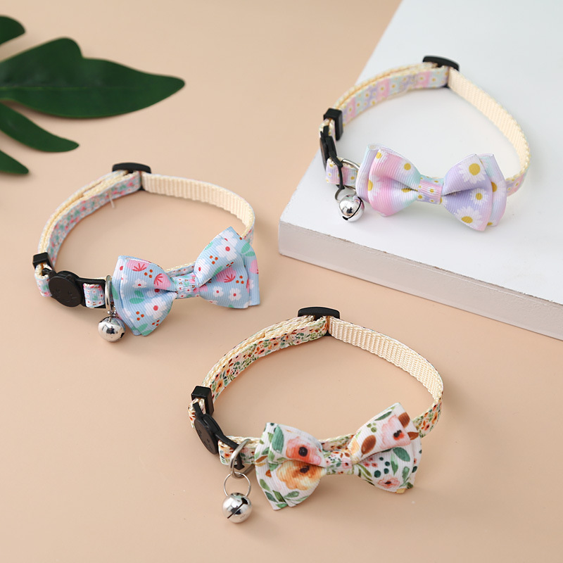 Pet Accessories Custom Designer Printed Flower Breakaway Cat Adjustable Collar Nylon Dog Collar with Bowtie for Catand Bell