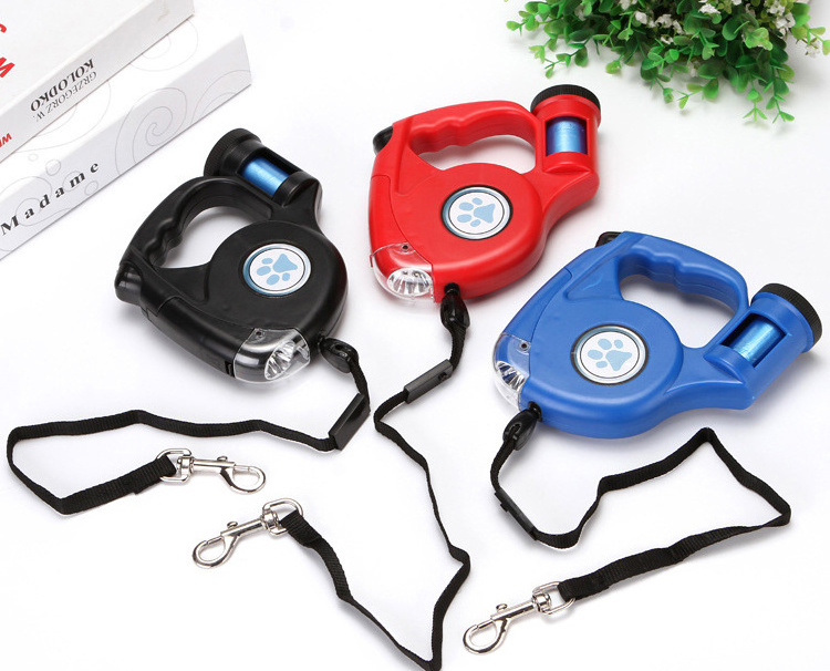 LED lights wholesale custom pet retractable leash dog leash with poop bag and flashlight