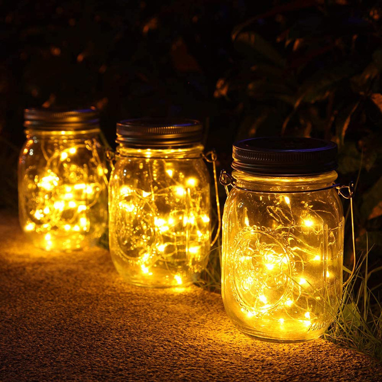 Hot Sale LED Mason Fairy Light Mason Jar Solar Light Lids Outdoor Garden Christmas Hanging Solar LED Mason Jar Light with Handle