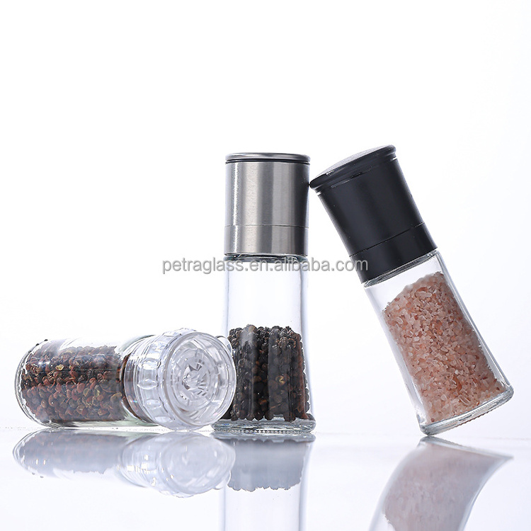 Wholesale 100ml Mini Clear Glass Jar Empty Manual Spice Mill for Black Pepper and Salt Black Pepper Grinder Bottle