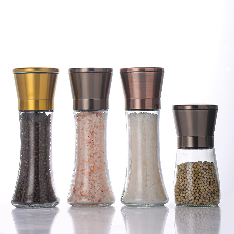 Hot Sale Gold Stainless Steel Salt and Pepper Mill Spice Jar Adjustable Glass Manual Grinder Bottle for Kitchen