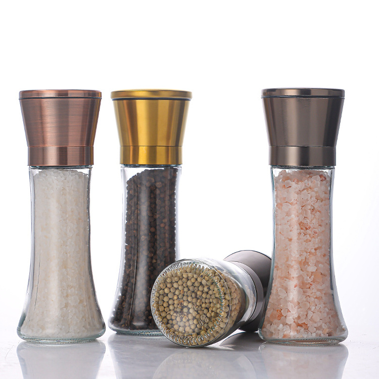 Hot Sale Gold Stainless Steel Salt and Pepper Mill Spice Jar Adjustable Glass Manual Grinder Bottle for Kitchen