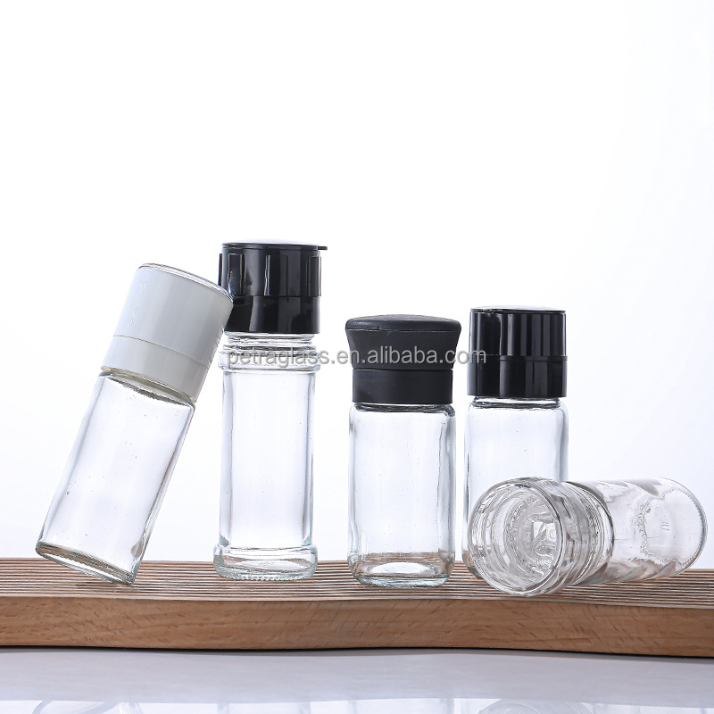 Wholesale 100ml Mini Clear Glass Jar Empty Manual Spice Mill for Black Pepper and Salt Black Pepper Grinder Bottle