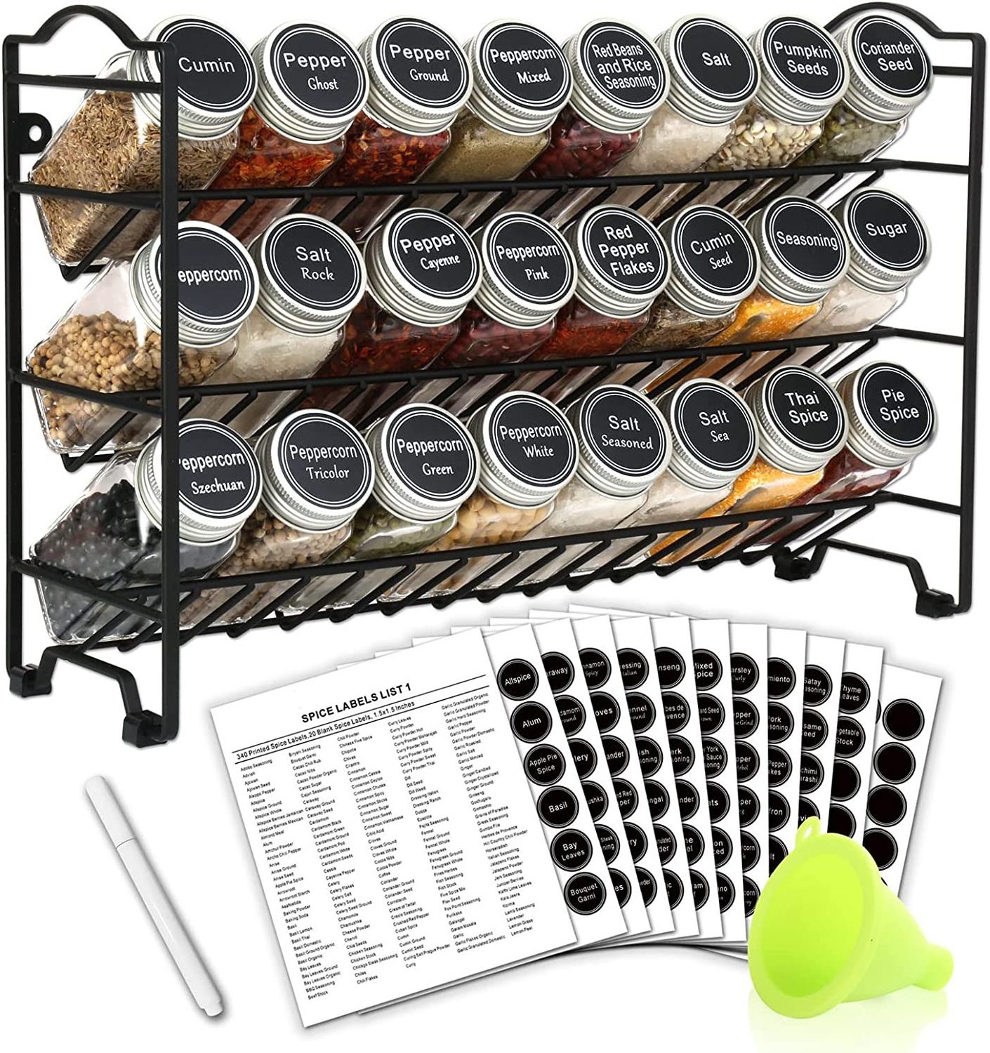 Hot Sale Spice Rack Organizer with 24 Empty Square Spice Jars 396 Spice Labels with Chalk Marker and Funnel Complete Set