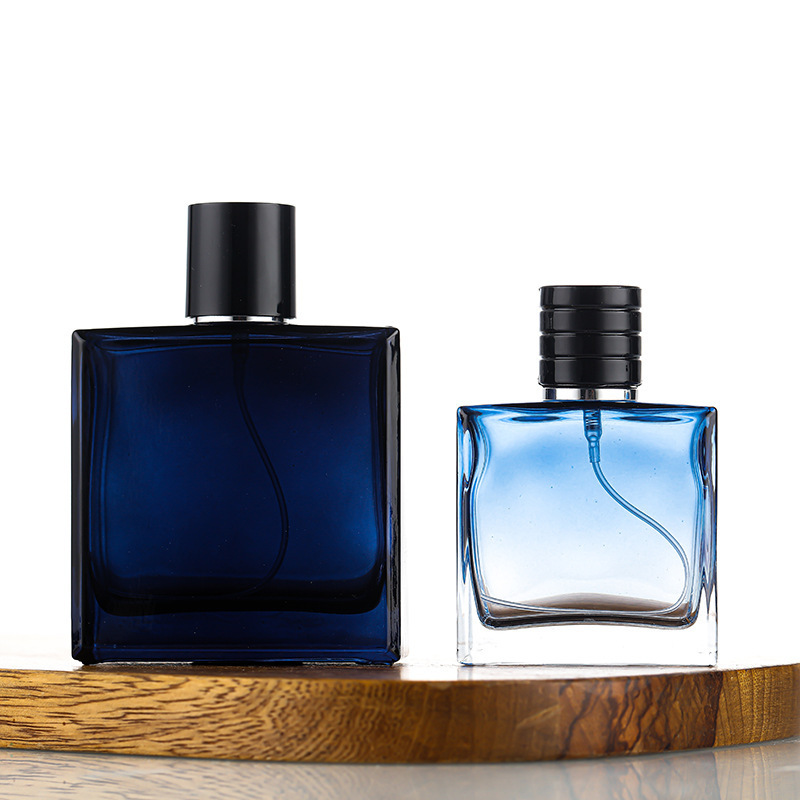 High grade spray color perfume bottle 50ml100ml flat square glass perfume bottle dark blue gradient cosmetics perfume bottle