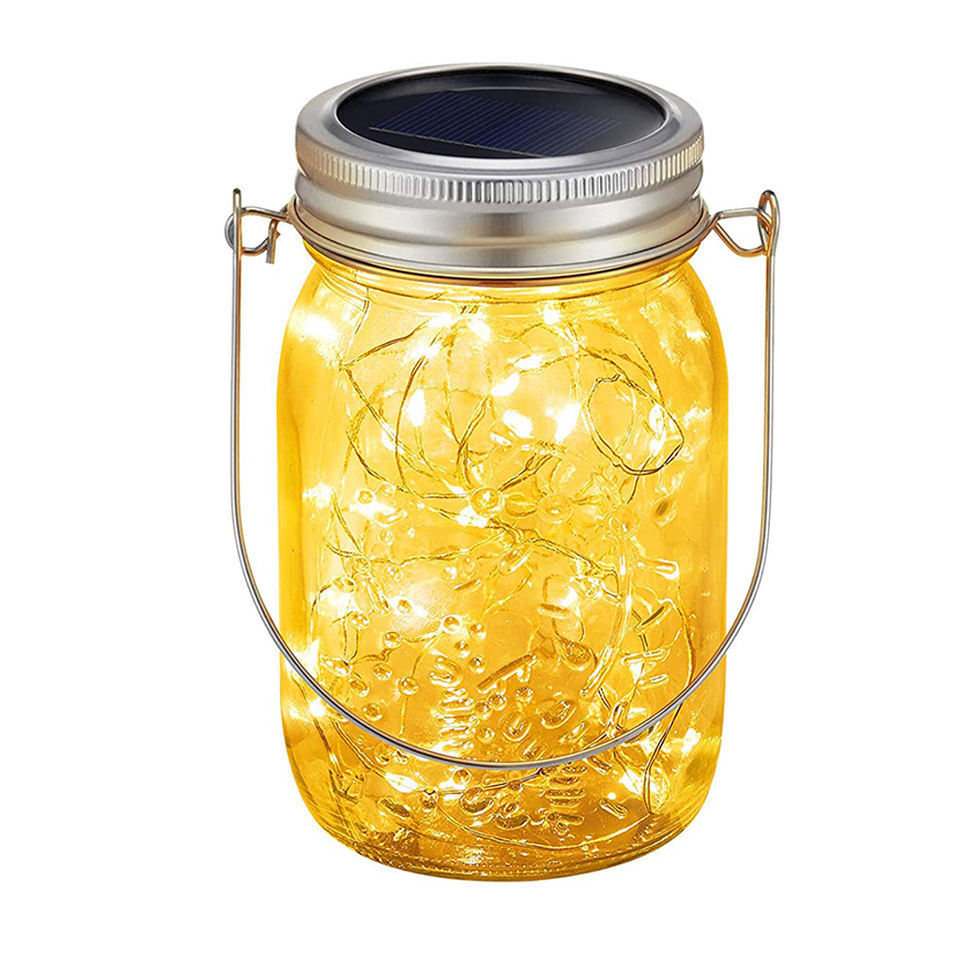 Hot Sale LED Mason Fairy Light Mason Jar Solar Light Lids Outdoor Garden Christmas Hanging Solar LED Mason Jar Light with Handle