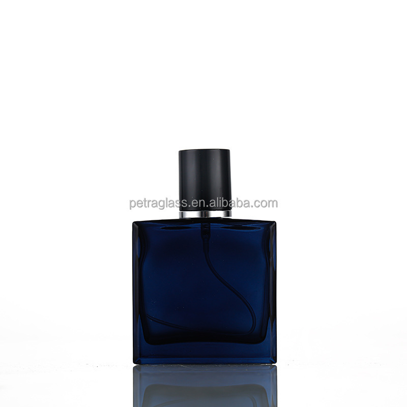 High grade spray color perfume bottle 50ml100ml flat square glass perfume bottle dark blue gradient cosmetics perfume bottle