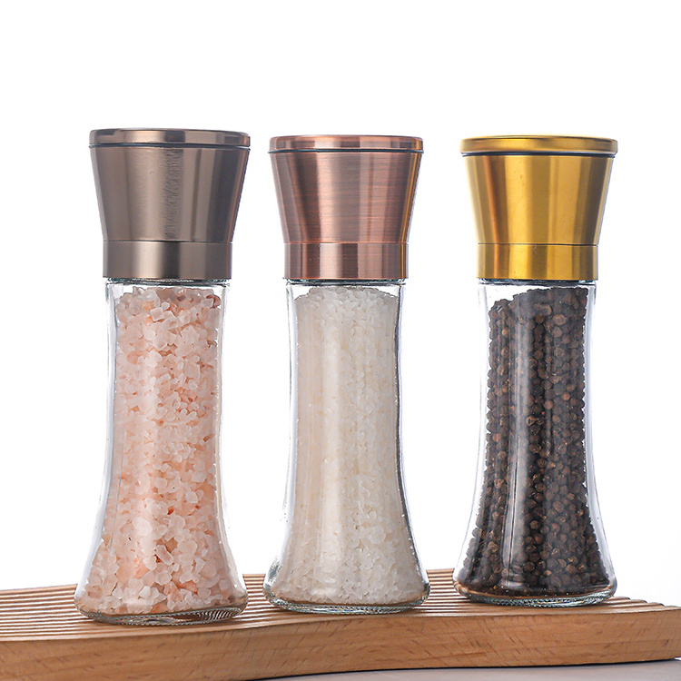 Hot Sale Gold Stainless Steel Salt and Pepper Mill Spice Jar Adjustable Glass Manual Grinder Bottle for Kitchen