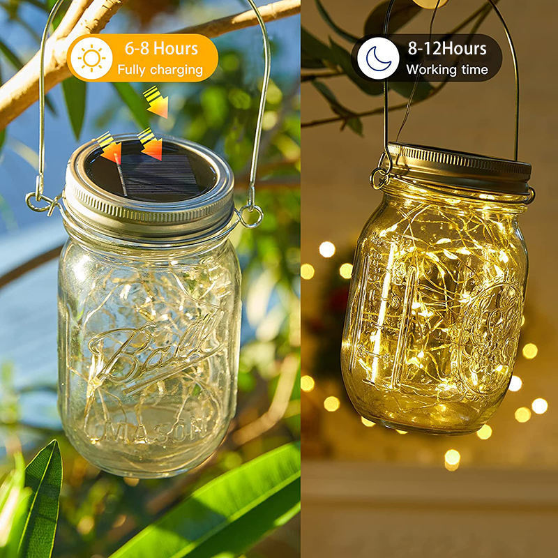 Hot Sale LED Mason Fairy Light Mason Jar Solar Light Lids Outdoor Garden Christmas Hanging Solar LED Mason Jar Light with Handle