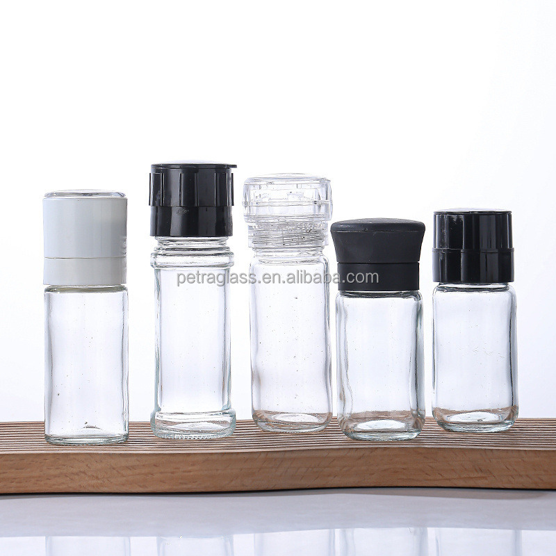 Wholesale 100ml Mini Clear Glass Jar Empty Manual Spice Mill for Black Pepper and Salt Black Pepper Grinder Bottle