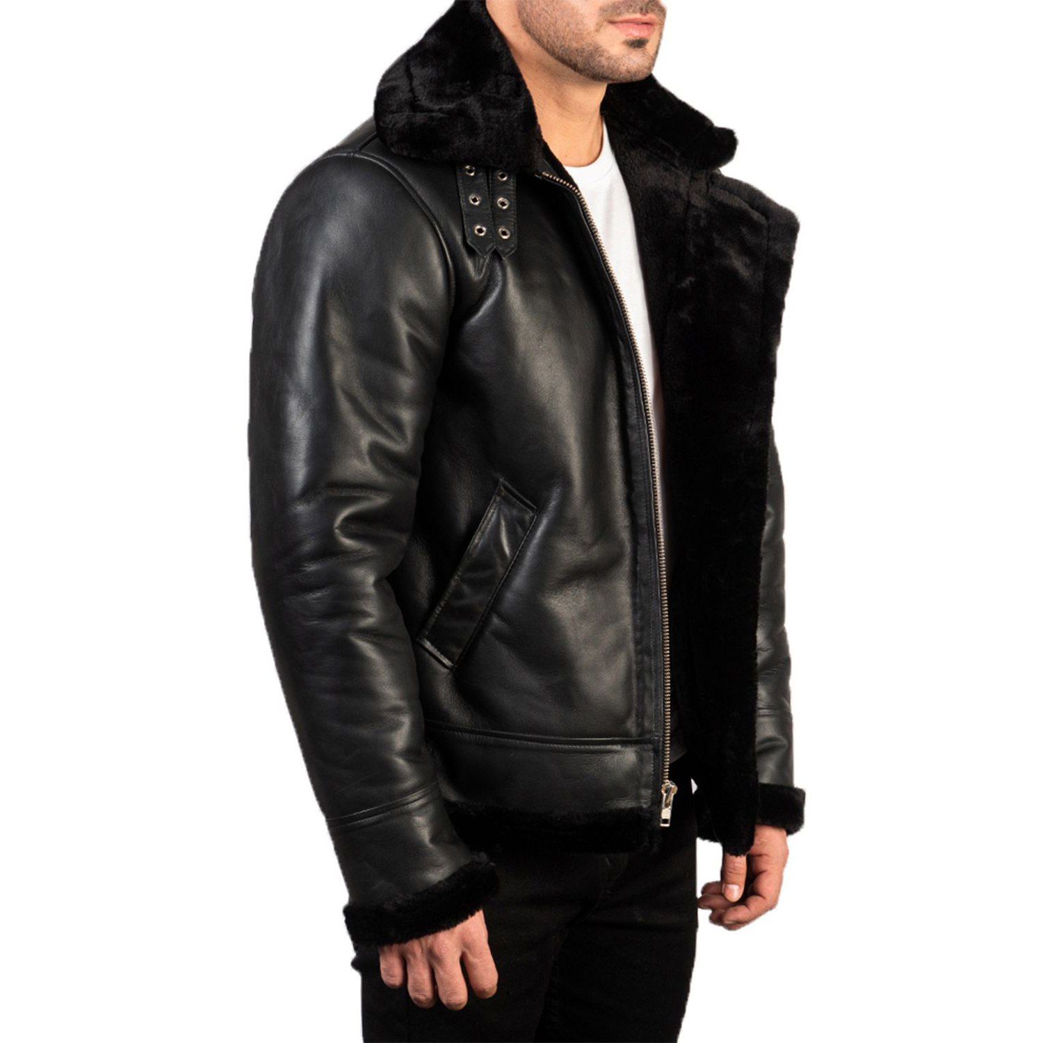 Bomber Leather Jacket With Fur Lining For Men customized / Sheep Leather Jacket For Men / Winter Leather Jacket