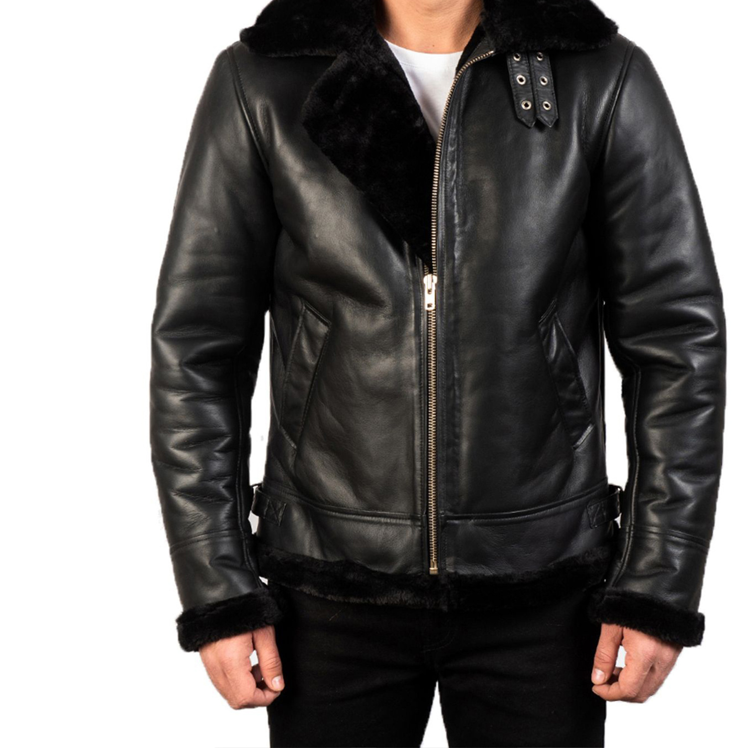 Bomber Leather Jacket With Fur Lining For Men customized / Sheep Leather Jacket For Men / Winter Leather Jacket