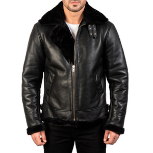 Bomber Leather Jacket With Fur Lining For Men customized / Sheep Leather Jacket For Men / Winter Leather Jacket