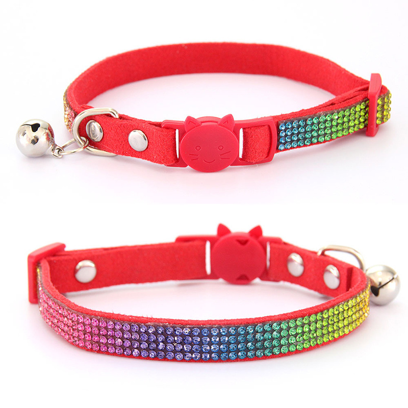 Wholesale dog collar fashion cute breakaway buckle colorful rhinestone rainbow bling cat collar with bell