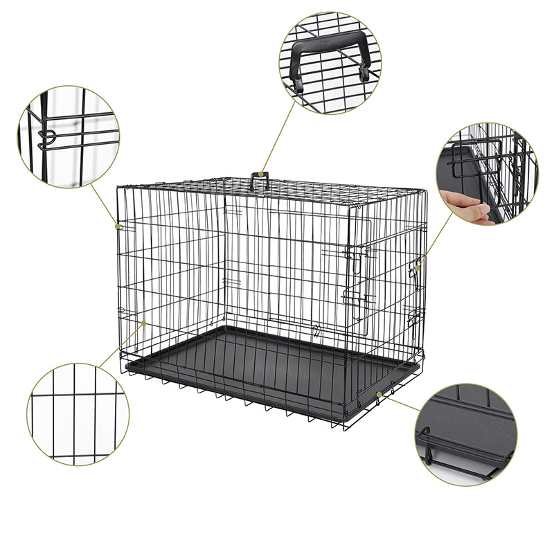 Collapsible dog crate with tray double door heavy duty stacking folding travel metal dog cage for large dog