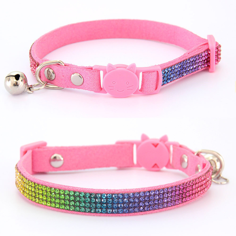 Wholesale dog collar fashion cute breakaway buckle colorful rhinestone rainbow bling cat collar with bell