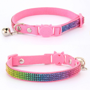 Wholesale dog collar fashion cute breakaway buckle colorful rhinestone rainbow bling cat collar with bell