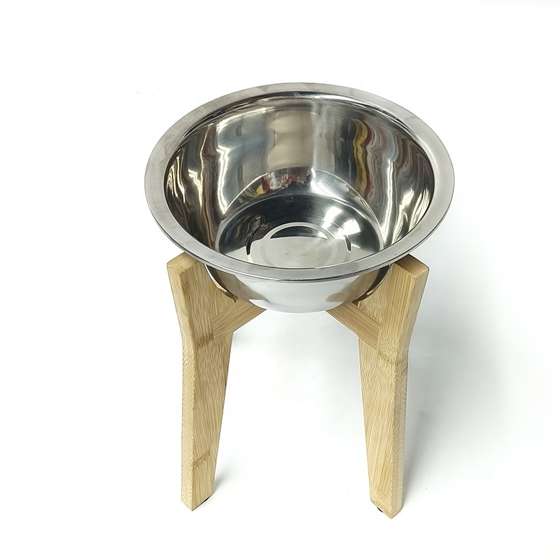 Elevated dog bowls non slip pet food and water feeding bamboo stand raised double stainless steel dog bowl