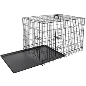 Collapsible dog crate with tray double door heavy duty stacking folding travel metal dog cage for large dog