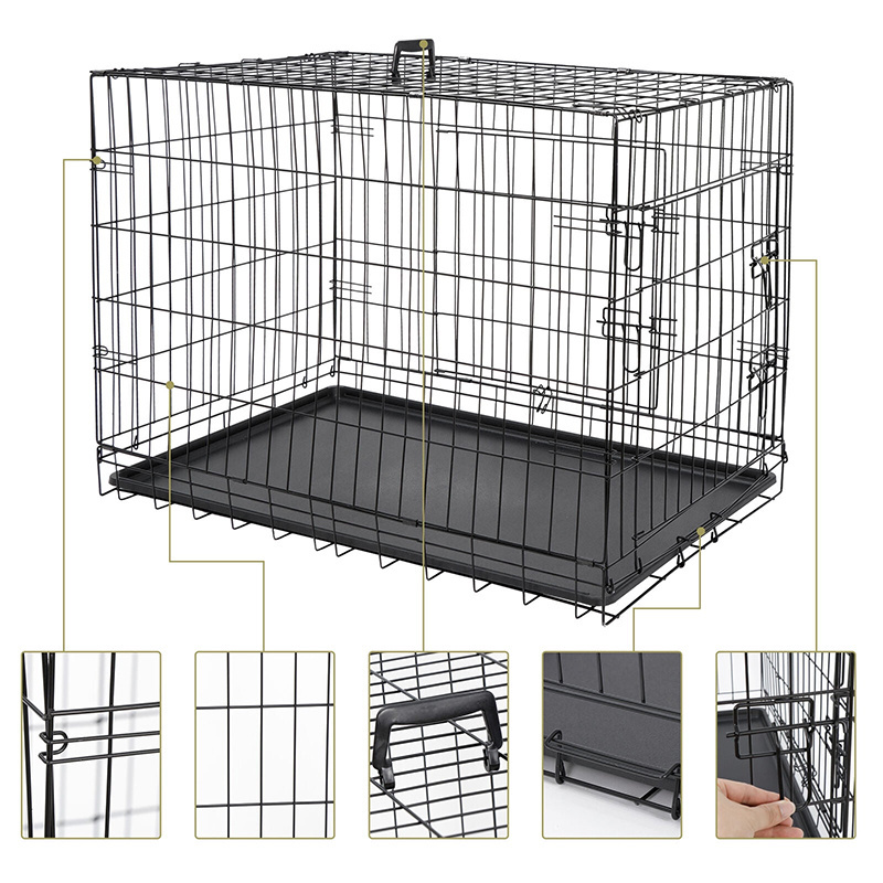 Collapsible dog crate with tray double door heavy duty stacking folding travel metal dog cage for large dog