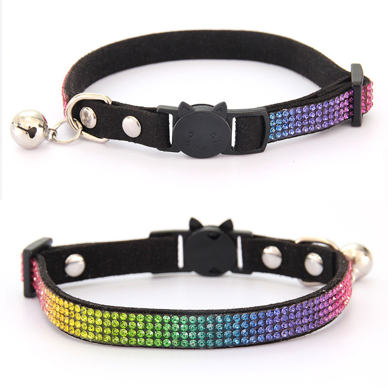 Wholesale dog collar fashion cute breakaway buckle colorful rhinestone rainbow bling cat collar with bell