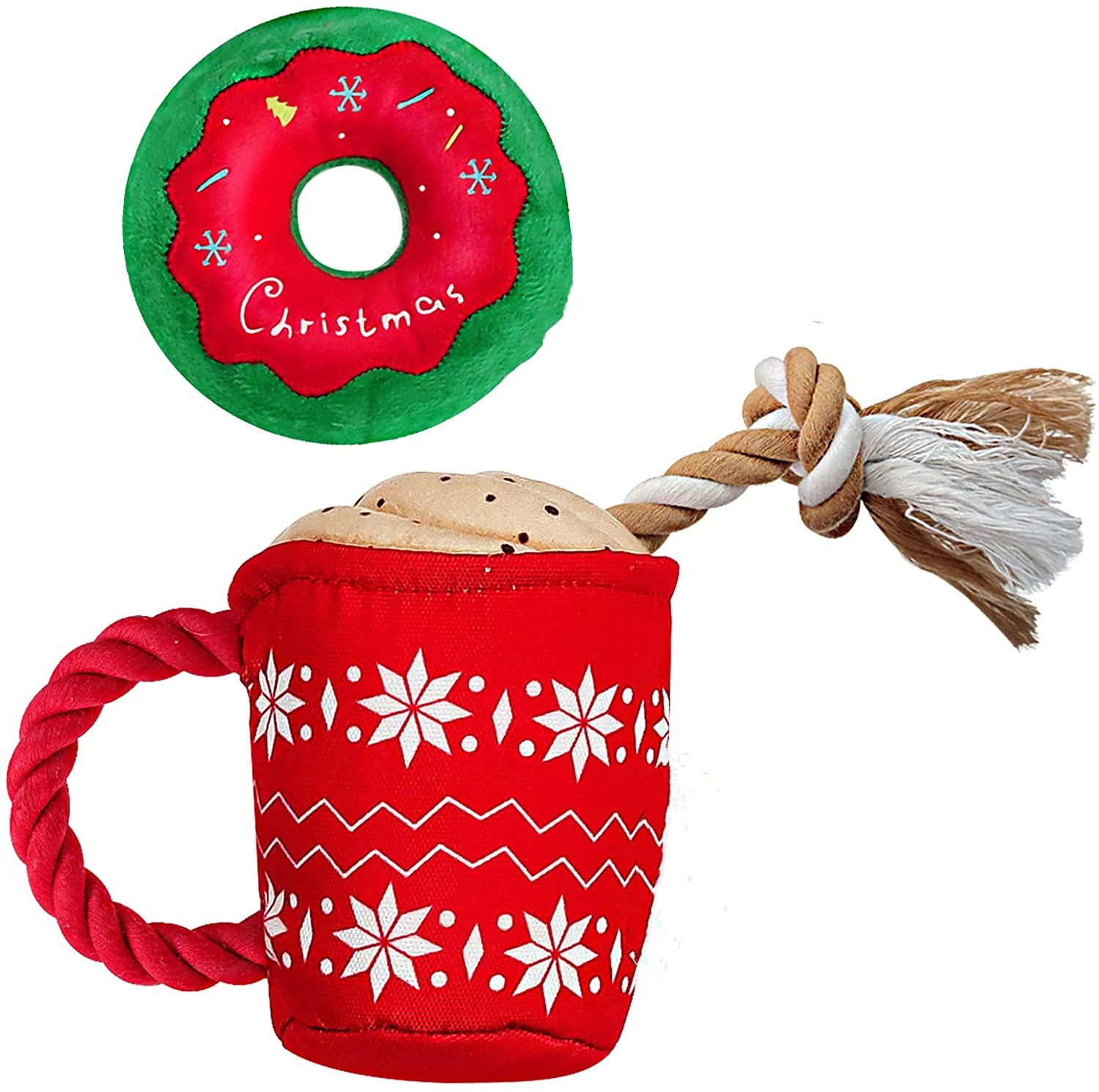 New Arrival Christmas pets Squeaky Plush chew Toys Coffee Cup With Rope Clean Dog Interactive Drag chewing Toys