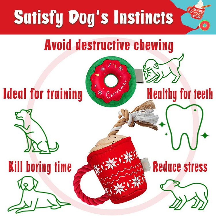 New Arrival Christmas pets Squeaky Plush chew Toys Coffee Cup With Rope Clean Dog Interactive Drag chewing Toys