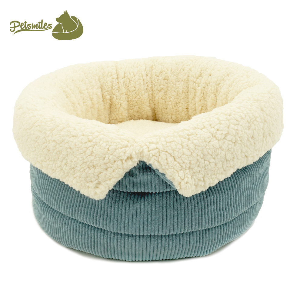 Adjustable corduroy pet deep sleeping cat bed self warming cat bed cuddle with removable cushion