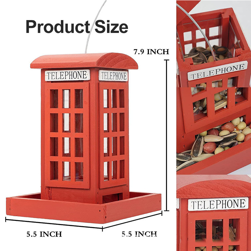 Waterproof Wooden Squirrel Proof Garden Yard Decoration Telephone Booth Shaped Wild Outdoor Hanging Birds Feeder