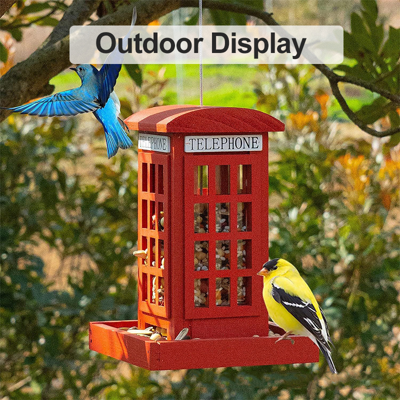 Waterproof Wooden Squirrel Proof Garden Yard Decoration Telephone Booth Shaped Wild Outdoor Hanging Birds Feeder