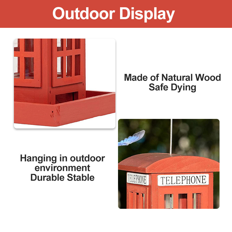 Waterproof Wooden Squirrel Proof Garden Yard Decoration Telephone Booth Shaped Wild Outdoor Hanging Birds Feeder