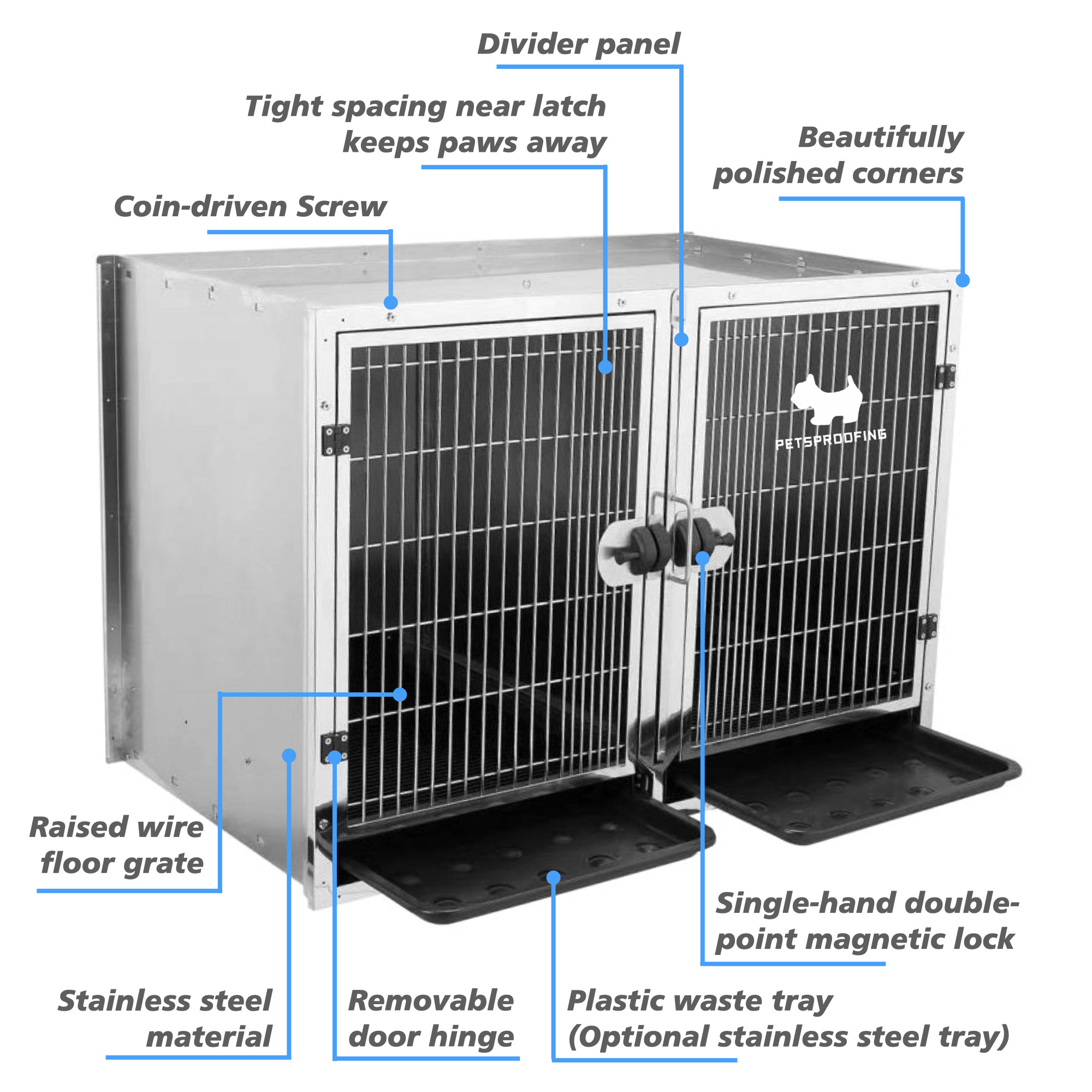 PETSPROOFING Professional Solid Metal large Veterinary vet Dog Cage Bank Novelty Designed Stainless Steel Kennel for Pets