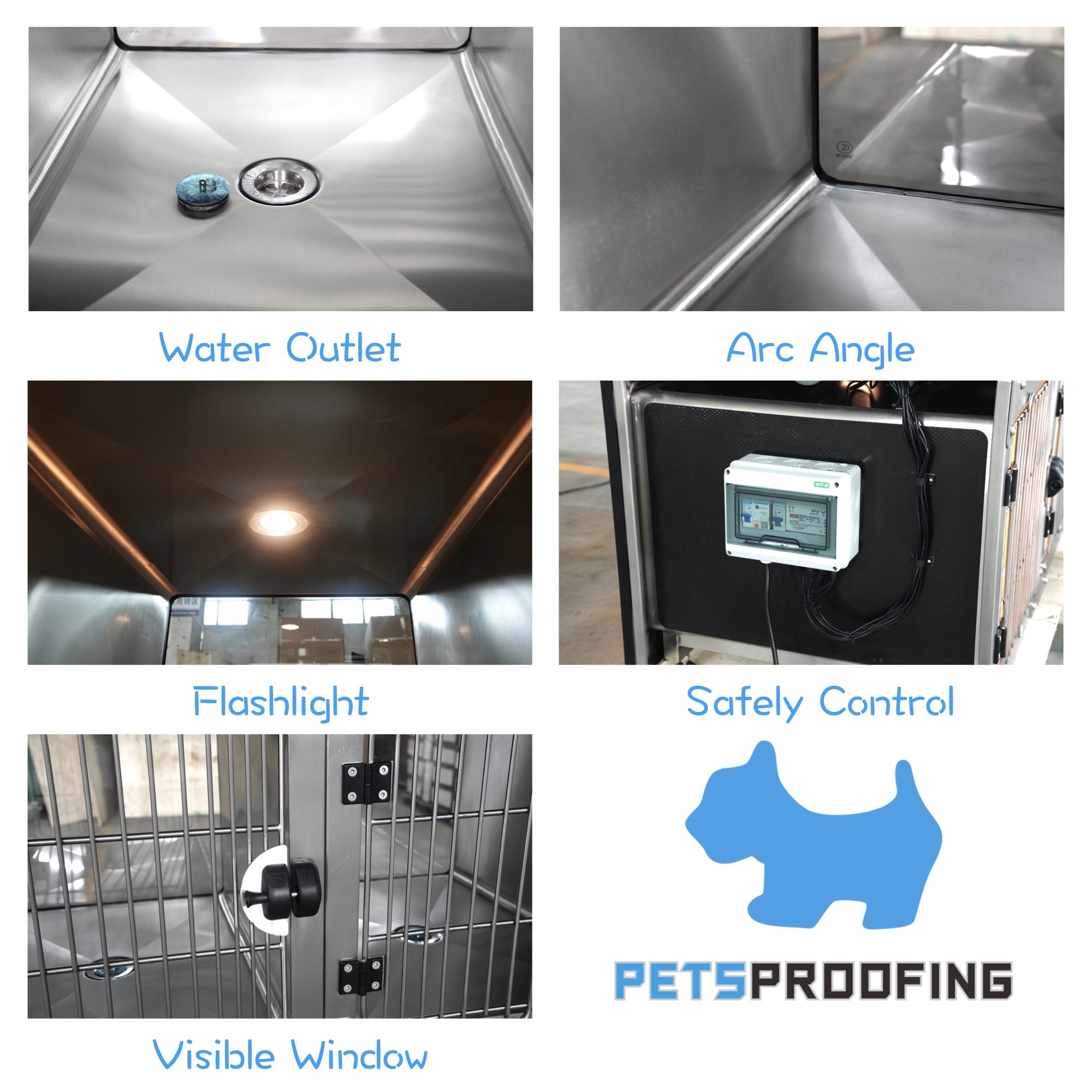 Petsproofing Novelty Designed Wholesale Vet Cage Bank Hospital Hospitalization Large Stainless Steel Dog Pet Cage Cages