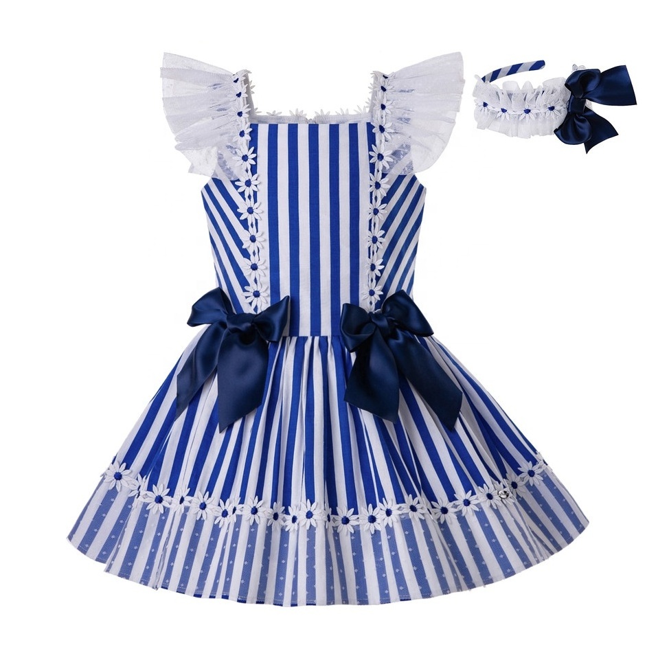 OEM Hot Sale  Pettigirl Children Dresses 8 Years Striped Blue Kids Summer Dresses Lace Sweet Girls Beach Dresses 1BAG=1PCS