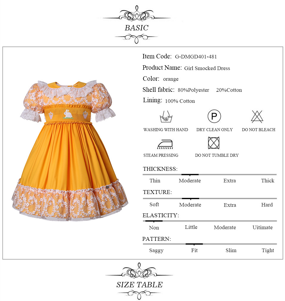 Pettigirl 2024 Summer Eid Children clothes Orange Smocked Short Dresses For Girls Easter Age 2-12Y