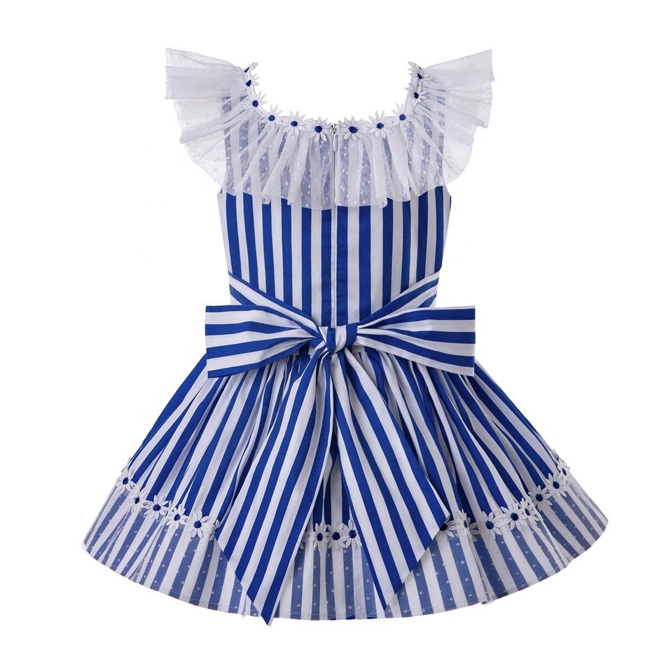 OEM Hot Sale  Pettigirl Children Dresses 8 Years Striped Blue Kids Summer Dresses Lace Sweet Girls Beach Dresses 1BAG=1PCS