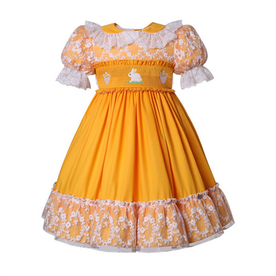 Pettigirl 2024 Summer Eid Children clothes Orange Smocked Short Dresses For Girls Easter Age 2-12Y