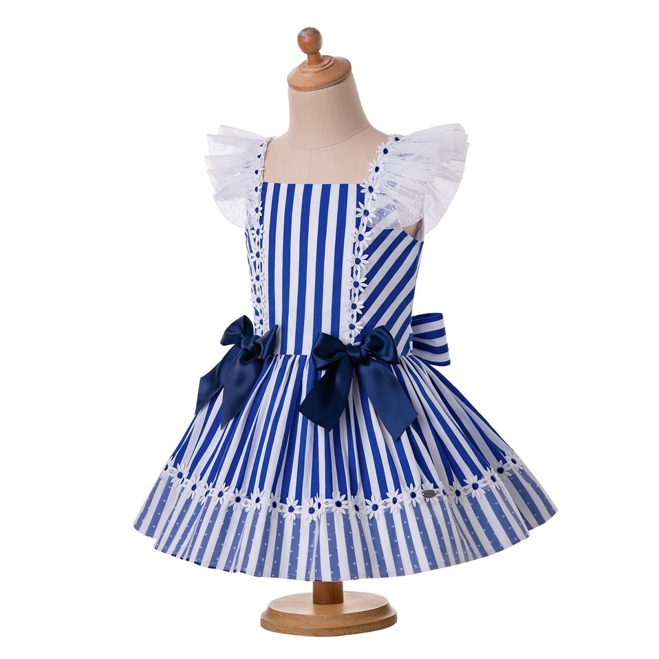 OEM Hot Sale  Pettigirl Children Dresses 8 Years Striped Blue Kids Summer Dresses Lace Sweet Girls Beach Dresses 1BAG=1PCS