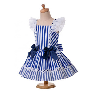 OEM Hot Sale  Pettigirl Children Dresses 8 Years Striped Blue Kids Summer Dresses Lace Sweet Girls Beach Dresses 1BAG=1PCS