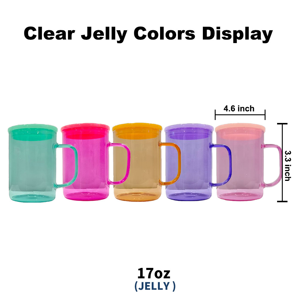 USA Warehouse Wholesale Clear Cady Colorful 17oz Sublimation Blanks Jelly Glass Mugs With Colored Plastic Lid and Straw