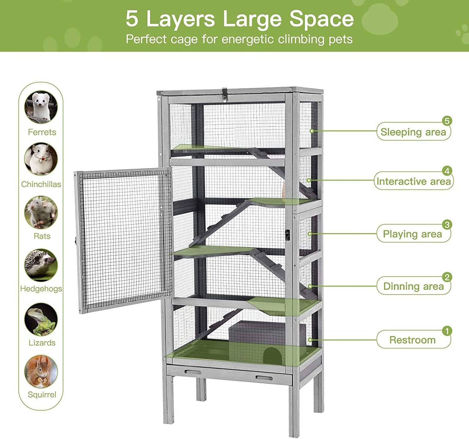 Ferret Cage Rat Cage 5 Levels Small Animal Cage for Chinchilla, Hedgehogs, Squirrel, Chameleon, Lizard, Gerbils