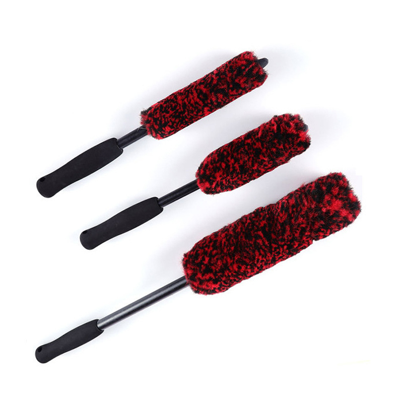 3 PCS Kit Long Handle premium microfiber soft Red wool hair car detailing wheel cleaning brush rim hub brush