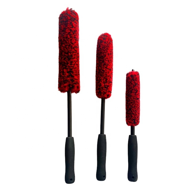 3 PCS Kit Long Handle premium microfiber soft Red wool hair car detailing wheel cleaning brush rim hub brush