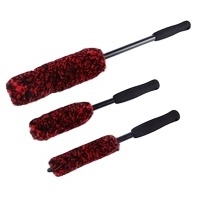 3 PCS Kit Long Handle premium microfiber soft Red wool hair car detailing wheel cleaning brush rim hub brush