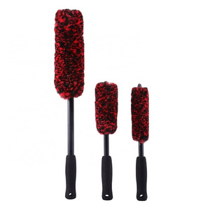 3 PCS Kit Long Handle premium microfiber soft Red wool hair car detailing wheel cleaning brush rim hub brush