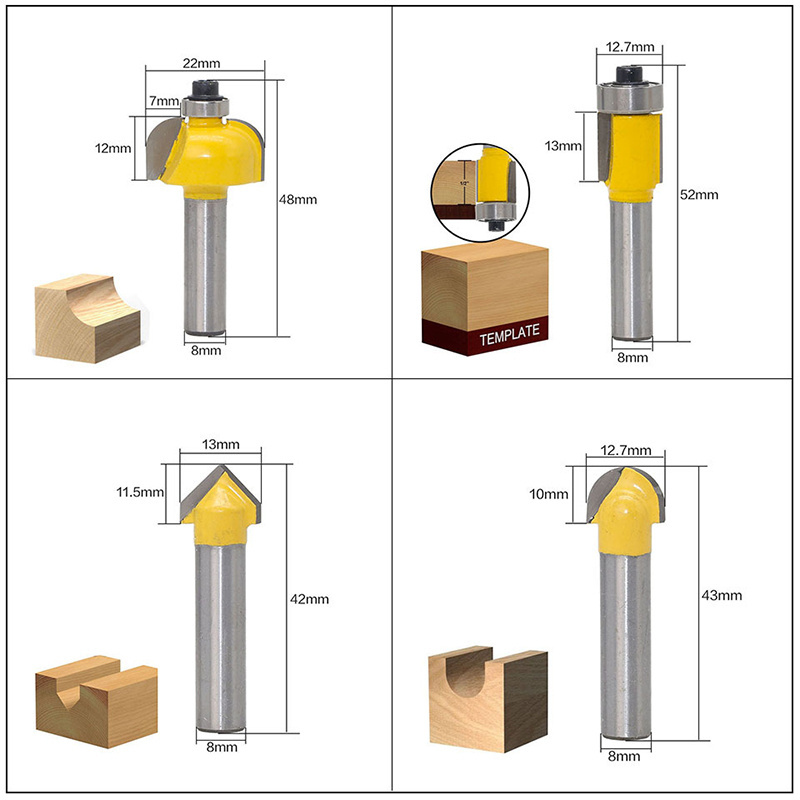 PEX 12pcs Milling Cutters 1/4''/8mm/1/2'' Shank Router Bit Set Wood Cutter Engraving Trimming Carving Woodworking Tools