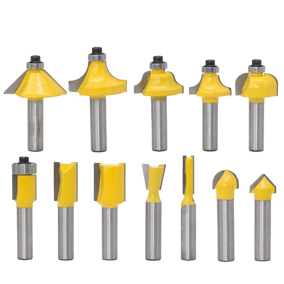 PEX 12pcs Milling Cutters 1/4''/8mm/1/2'' Shank Router Bit Set Wood Cutter Engraving Trimming Carving Woodworking Tools