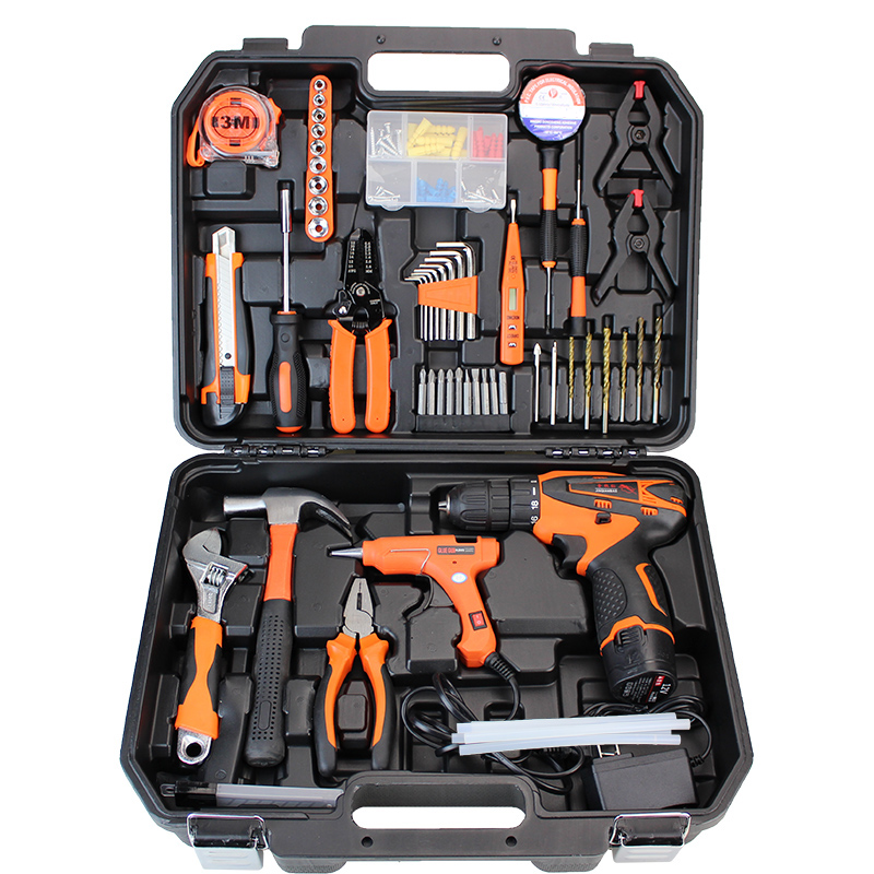 High Quality 58pcs tool set Rechargeable Lithium battery electric drill tool kit with glue gun tool sets