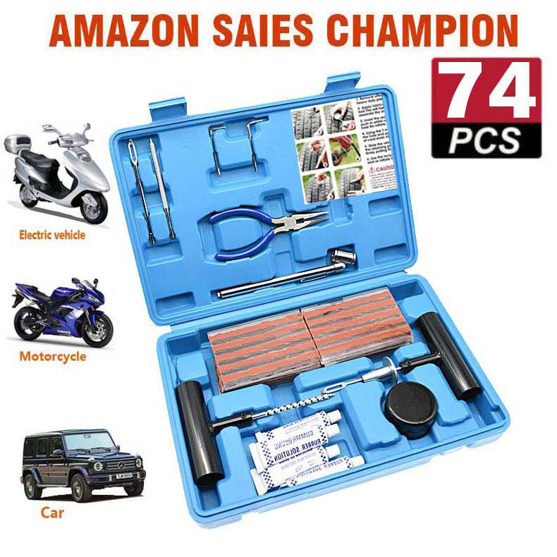 74Pcs Universal Automotive Wheel Tire Puncture Repair Kit Bike Motorcycle Truck Tires Plug Repair Kit Car Tire Repair Tools Kit